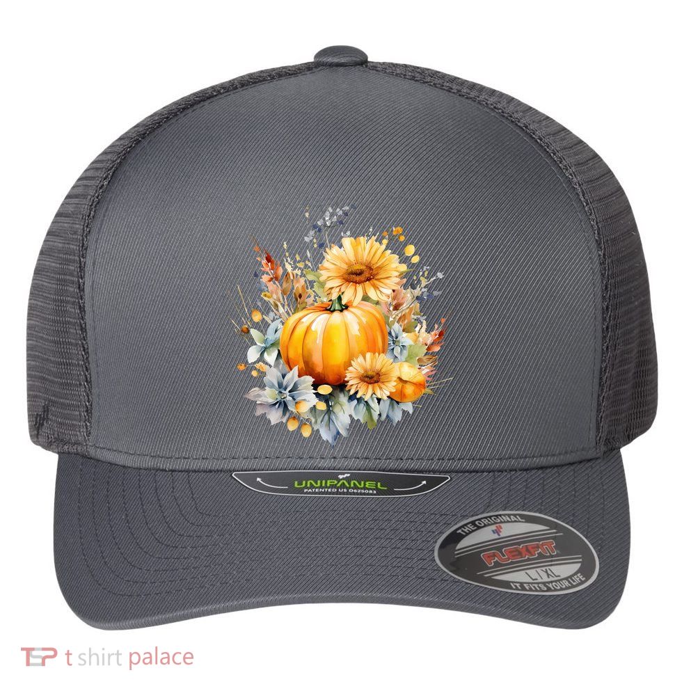 Autumn Pumpkin Cute Floral Halloween Flexfit Unipanel Trucker Cap