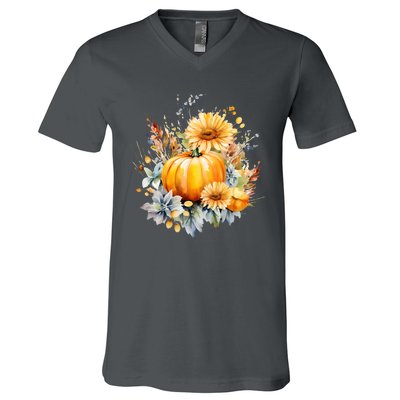 Autumn Pumpkin Cute Floral Halloween V-Neck T-Shirt