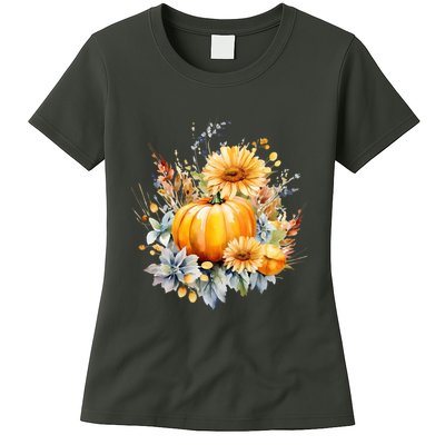 Autumn Pumpkin Cute Floral Halloween Womens T-Shirt