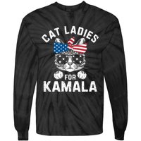 American Patriotic Cat Supports Kamala Harris Cat Ladies For Kamala Patriotic Tie-Dye Long Sleeve Shirt