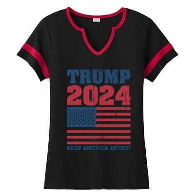 American President Donald Trump 2024 Keep America Great Flag US Election Ladies Halftime Notch Neck Tee