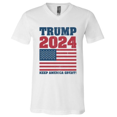 American President Donald Trump 2024 Keep America Great Flag US Election V-Neck T-Shirt