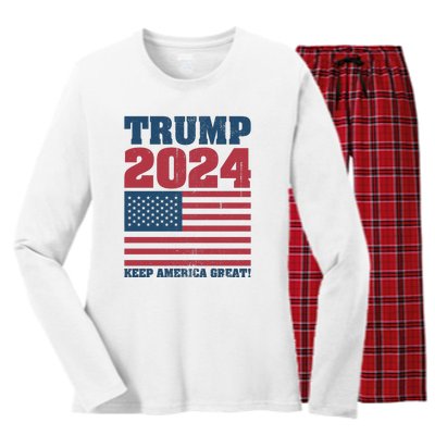 American President Donald Trump 2024 Keep America Great Flag US Election Women's Long Sleeve Flannel Pajama Set 