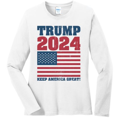 American President Donald Trump 2024 Keep America Great Flag US Election Ladies Long Sleeve Shirt