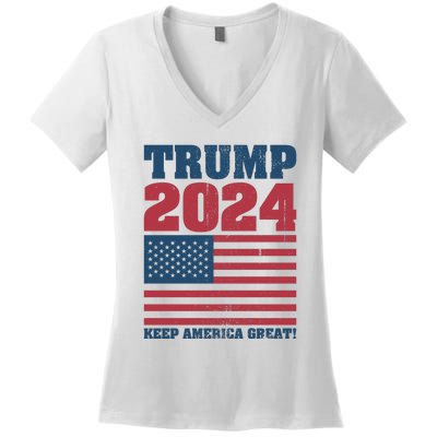 American President Donald Trump 2024 Keep America Great Flag US Election Women's V-Neck T-Shirt