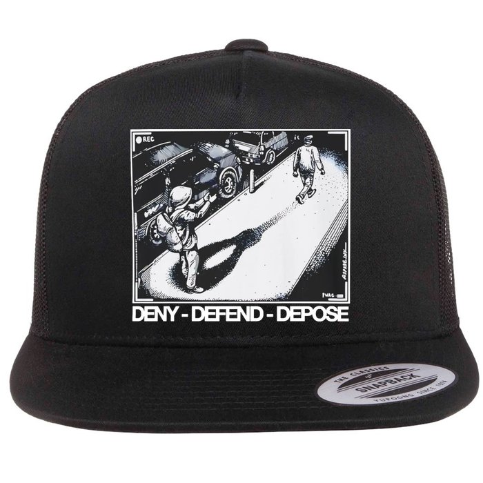 Assassination Print Deny Defend Depose Flat Bill Trucker Hat