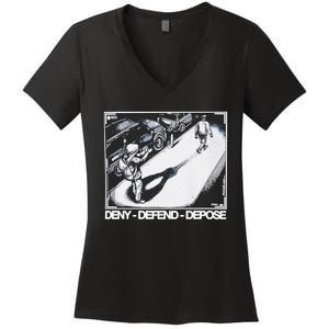 Assassination Print Deny Defend Depose Women's V-Neck T-Shirt