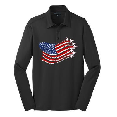 American Patriotic Fighter Jets Usa Flag Silk Touch Performance Long Sleeve Polo