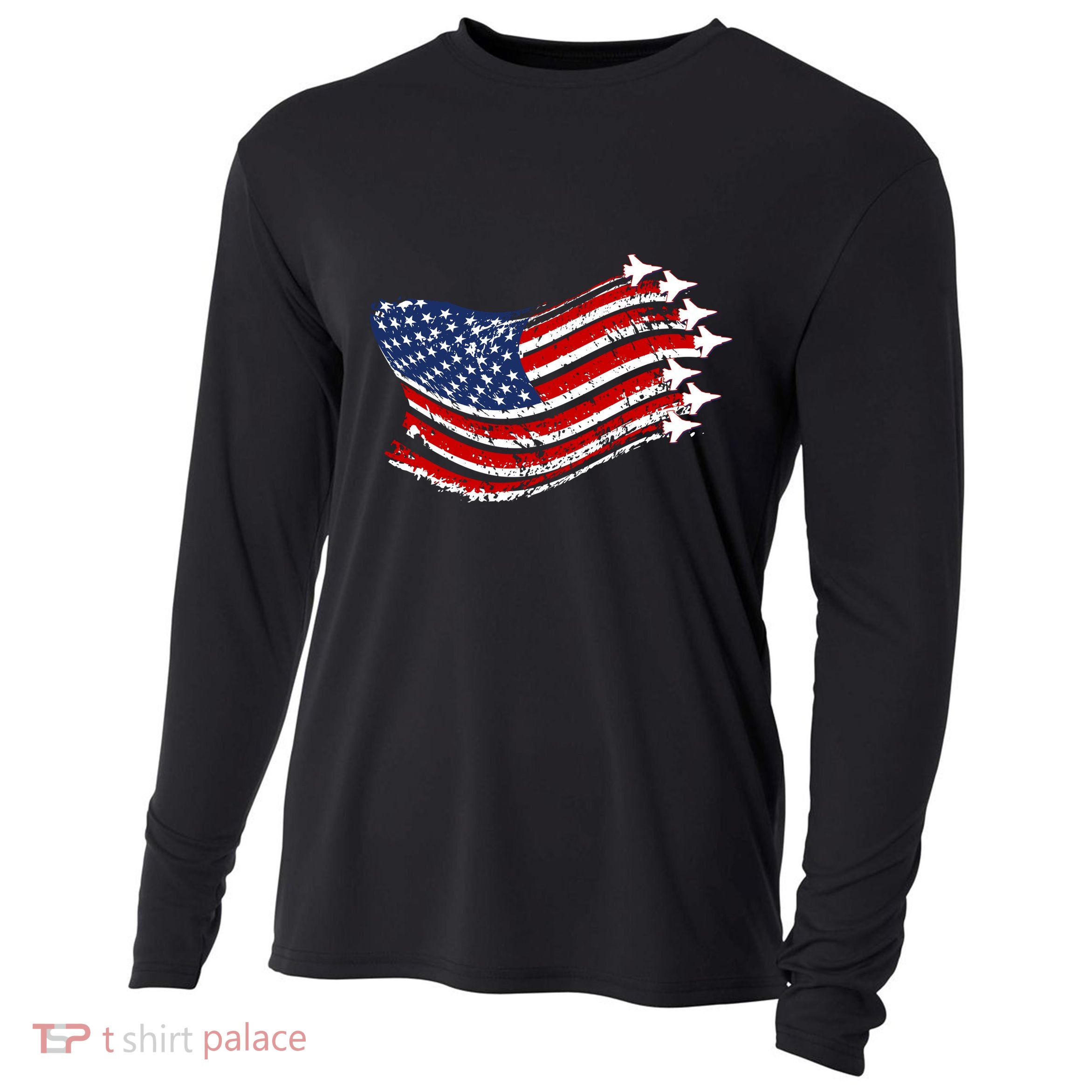 American Patriotic Fighter Jets Usa Flag Cooling Performance Long Sleeve Crew