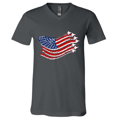 American Patriotic Fighter Jets Usa Flag V-Neck T-Shirt