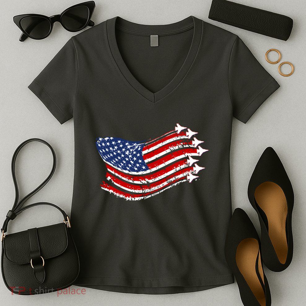 American Patriotic Fighter Jets Usa Flag Women's V-Neck T-Shirt