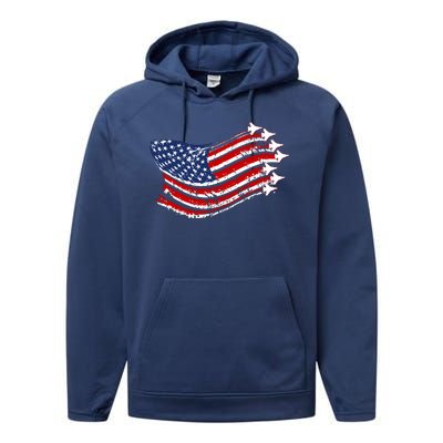 American Patriotic Fighter Jets Usa Flag Performance Fleece Hoodie