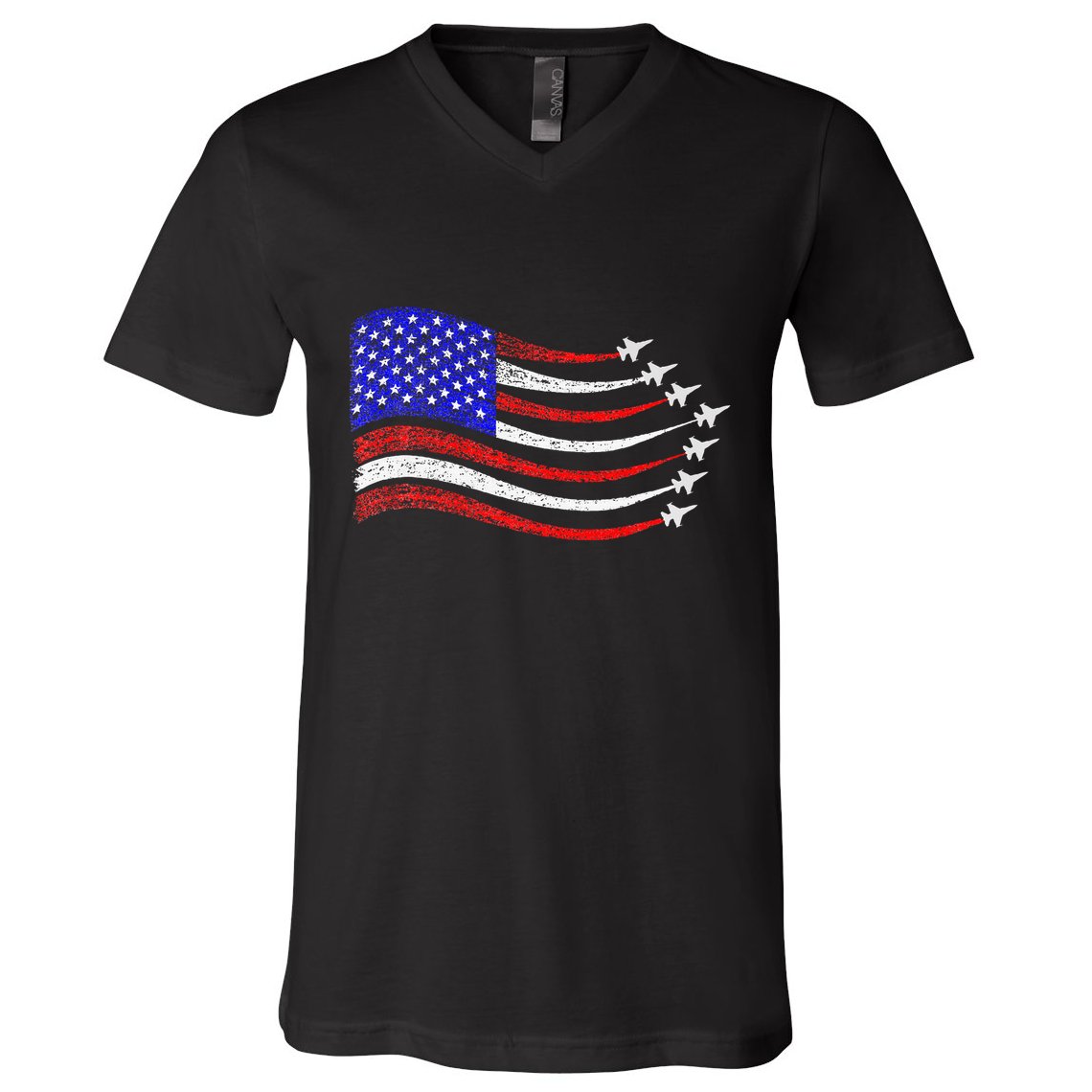 American Patriotic Fighter Jets Usa Flag Waving V-Neck T-Shirt