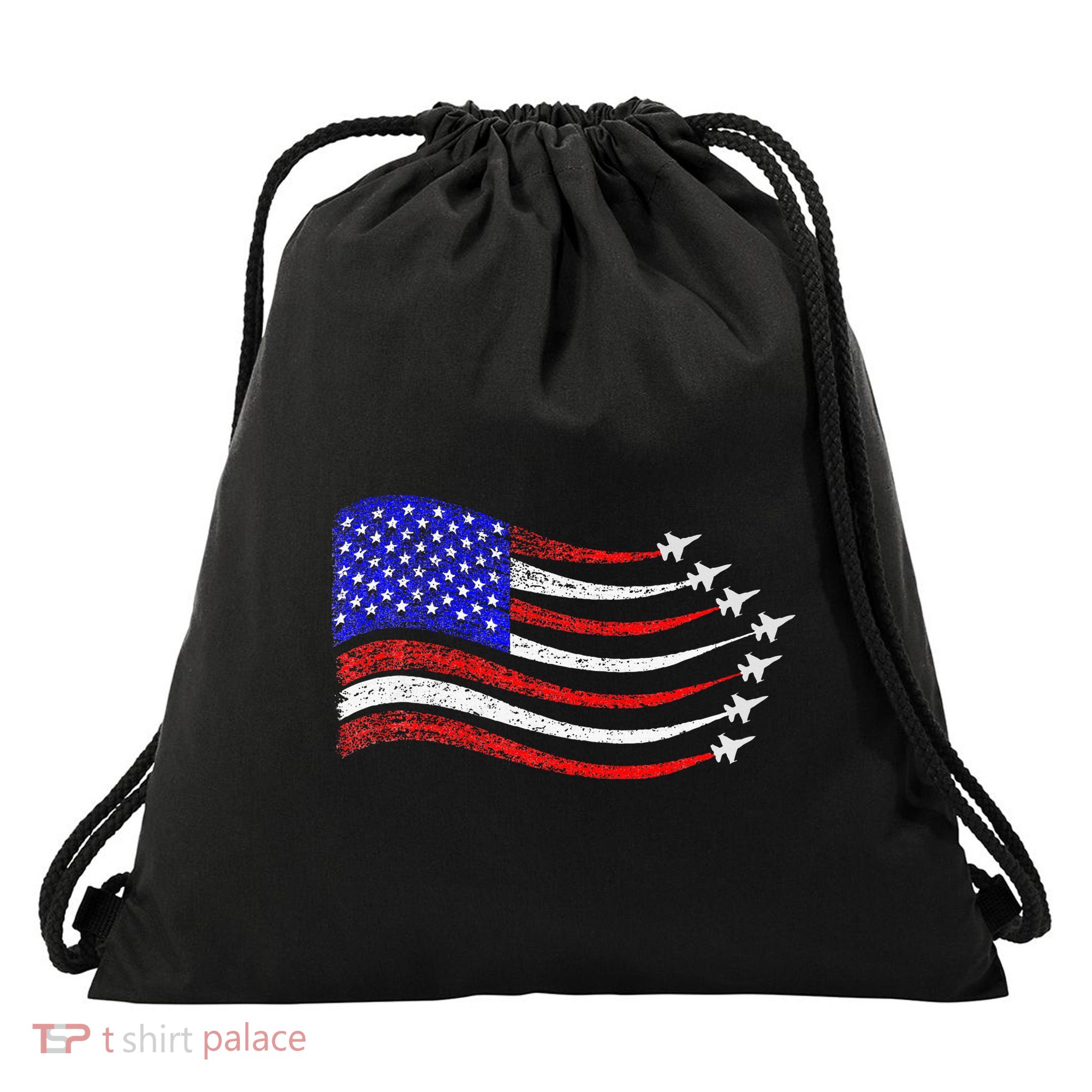 American Patriotic Fighter Jets Usa Flag Waving Drawstring Bag