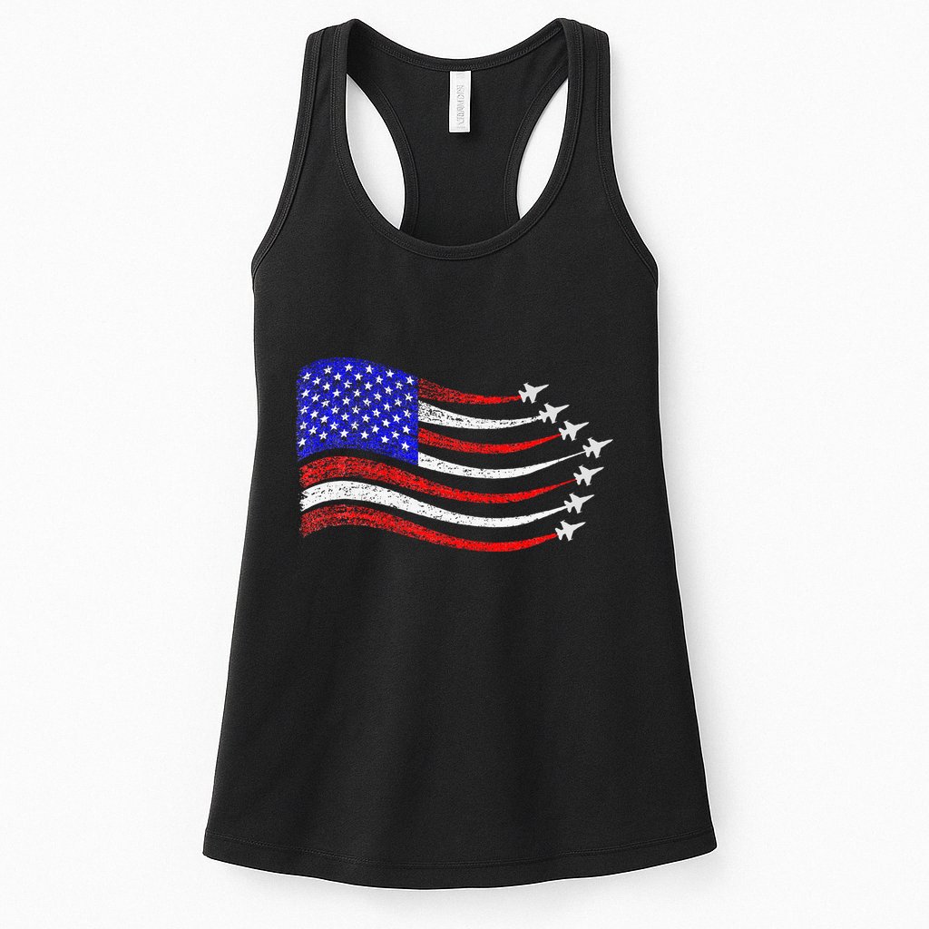 American Patriotic Fighter Jets Usa Flag Waving Womens Tank Top