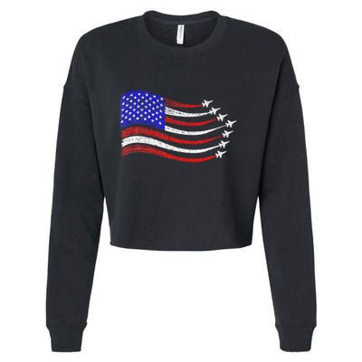 American Patriotic Fighter Jets Usa Flag Waving Cropped Pullover Crew