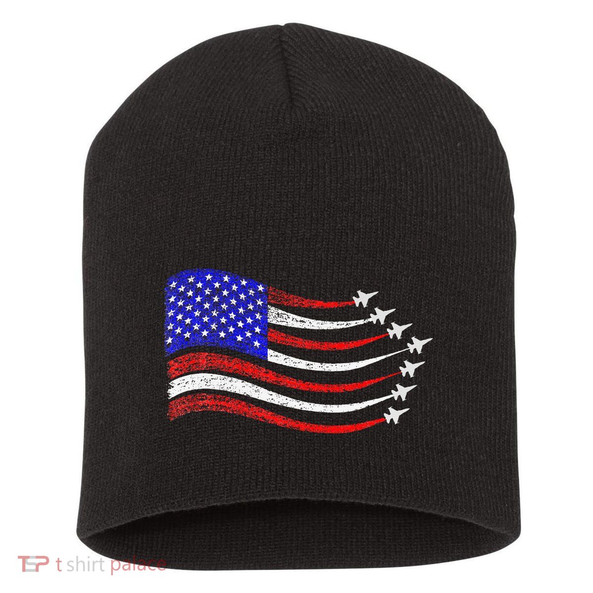 American Patriotic Fighter Jets Usa Flag Waving Short Acrylic Beanie