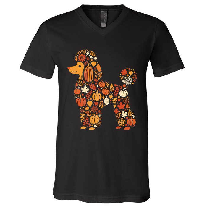 Autumn Pumpkin Fall Poodle Thanksgiving Dog Womenss V-Neck T-Shirt