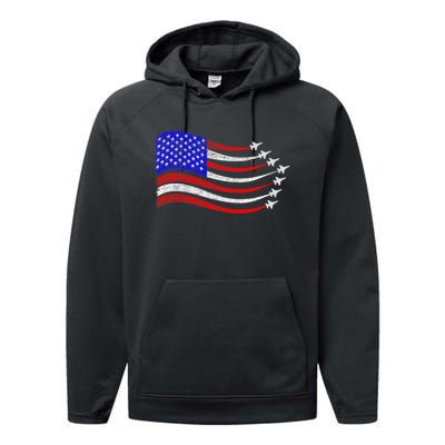 American Patriotic Fighter Jets Usa Flag Waving 4th Of July Performance Fleece Hoodie