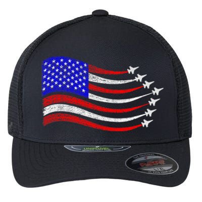 American Patriotic Fighter Jets Usa Flag Waving 4th Of July Flexfit Unipanel Trucker Cap