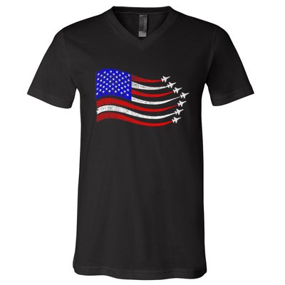 American Patriotic Fighter Jets Usa Flag Waving 4th Of July V-Neck T-Shirt