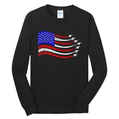 American Patriotic Fighter Jets Usa Flag Waving 4th Of July Tall Long Sleeve T-Shirt