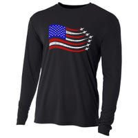 American Patriotic Fighter Jets Usa Flag Waving 4th Of July Cooling Performance Long Sleeve Crew