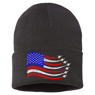 American Patriotic Fighter Jets Usa Flag Waving 4th Of July Sustainable Knit Beanie