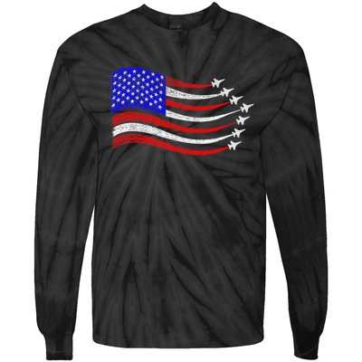 American Patriotic Fighter Jets Usa Flag Waving 4th Of July Tie-Dye Long Sleeve Shirt