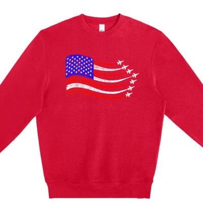 American Patriotic Fighter Jets Usa Flag Waving 4th Of July Premium Crewneck Sweatshirt