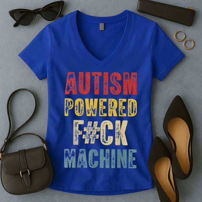 Autism Powered Fck Machine Retro Health Women's V-Neck T-Shirt
