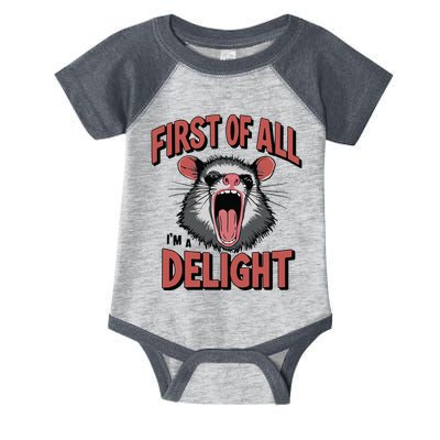 Angry Possum First Of All Im A Delight Possum Meme Infant Baby Jersey Bodysuit
