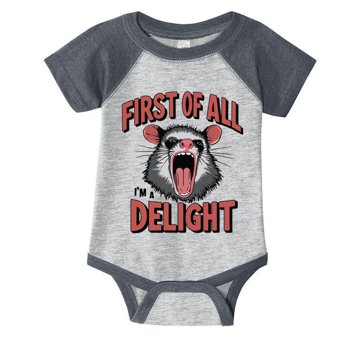 Angry Possum First Of All Im A Delight Possum Meme Infant Baby Jersey Bodysuit