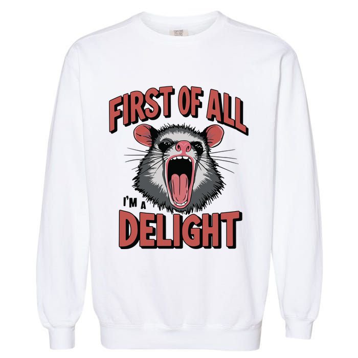 Angry Possum First Of All Im A Delight Possum Meme Garment-Dyed Sweatshirt
