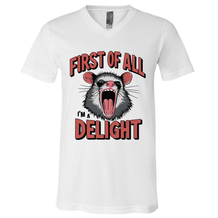 Angry Possum First Of All Im A Delight Possum Meme V-Neck T-Shirt