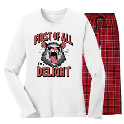 Angry Possum First Of All Im A Delight Possum Meme Women's Long Sleeve Flannel Pajama Set 