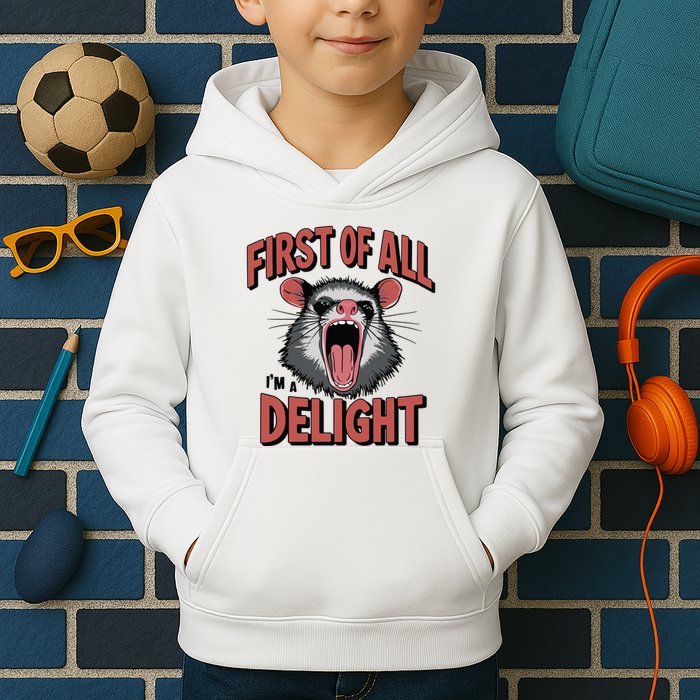 Angry Possum First Of All Im A Delight Possum Meme Kids Hoodie