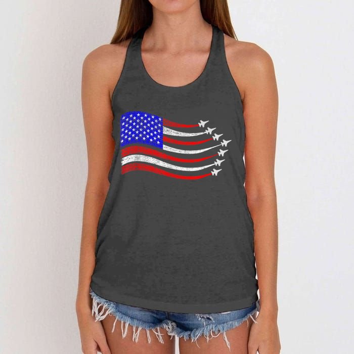 American Patriotic Fighter Jets Usa Flag Waving 4th Of July Women's Knotted Racerback Tank