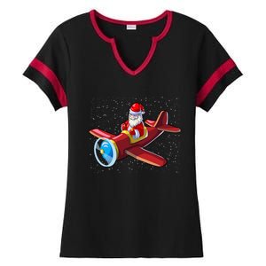 Airplane Pilot Funny Christmas Holidays Plane Santa Claus Gift Ladies Halftime Notch Neck Tee