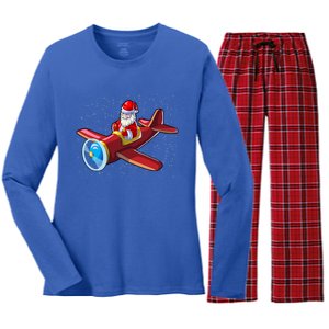 Airplane Pilot Funny Christmas Holidays Plane Santa Claus Gift Women's Long Sleeve Flannel Pajama Set 