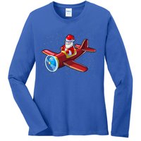 Airplane Pilot Funny Christmas Holidays Plane Santa Claus Gift Ladies Long Sleeve Shirt