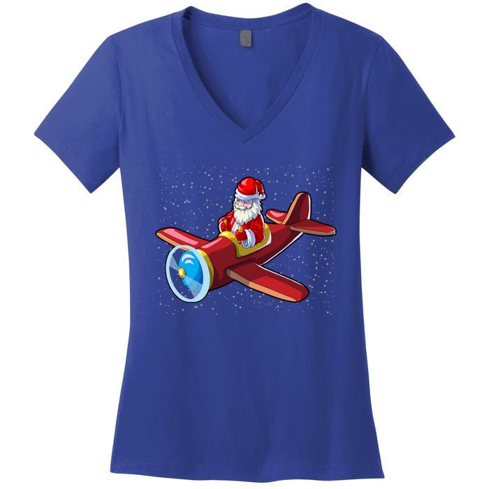 Airplane Pilot Funny Christmas Holidays Plane Santa Claus Gift Women's V-Neck T-Shirt