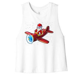 Airplane Pilot Funny Christmas Holidays Plane Santa Claus Gift Women's Racerback Cropped Tank