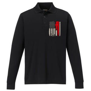 American Plumber Flag Patriotic Plumbing Wrench Pipefitter Gift Performance Long Sleeve Polo