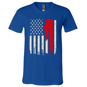 American Plumber Flag Patriotic Plumbing Wrench Pipefitter Gift V-Neck T-Shirt