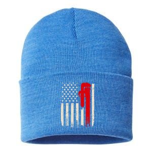 American Plumber Flag Patriotic Plumbing Wrench Pipefitter Gift Sustainable Knit Beanie