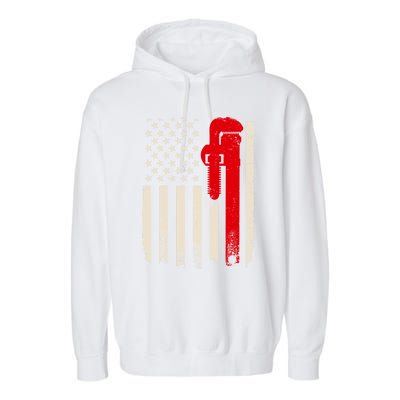 American Plumber Flag Patriotic Plumbing Wrench Pipefitter Gift Garment-Dyed Fleece Hoodie