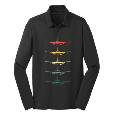 Airplane Pilot Flying Plane Vintage Aviation Graphic Pilots Silk Touch Performance Long Sleeve Polo