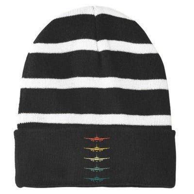 Airplane Pilot Flying Plane Vintage Aviation Graphic Pilots Striped Beanie with Solid Band