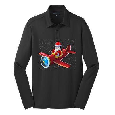 Airplane Pilot Funny Christmas Holidays Plane Santa Claus Cool Gift Silk Touch Performance Long Sleeve Polo